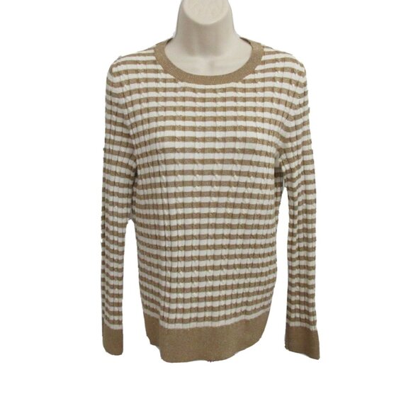 Talbots Sweater Petite S Pullover Crew Neck Gold Metallic Specks & Cream Stripes - Picture 1 of 5